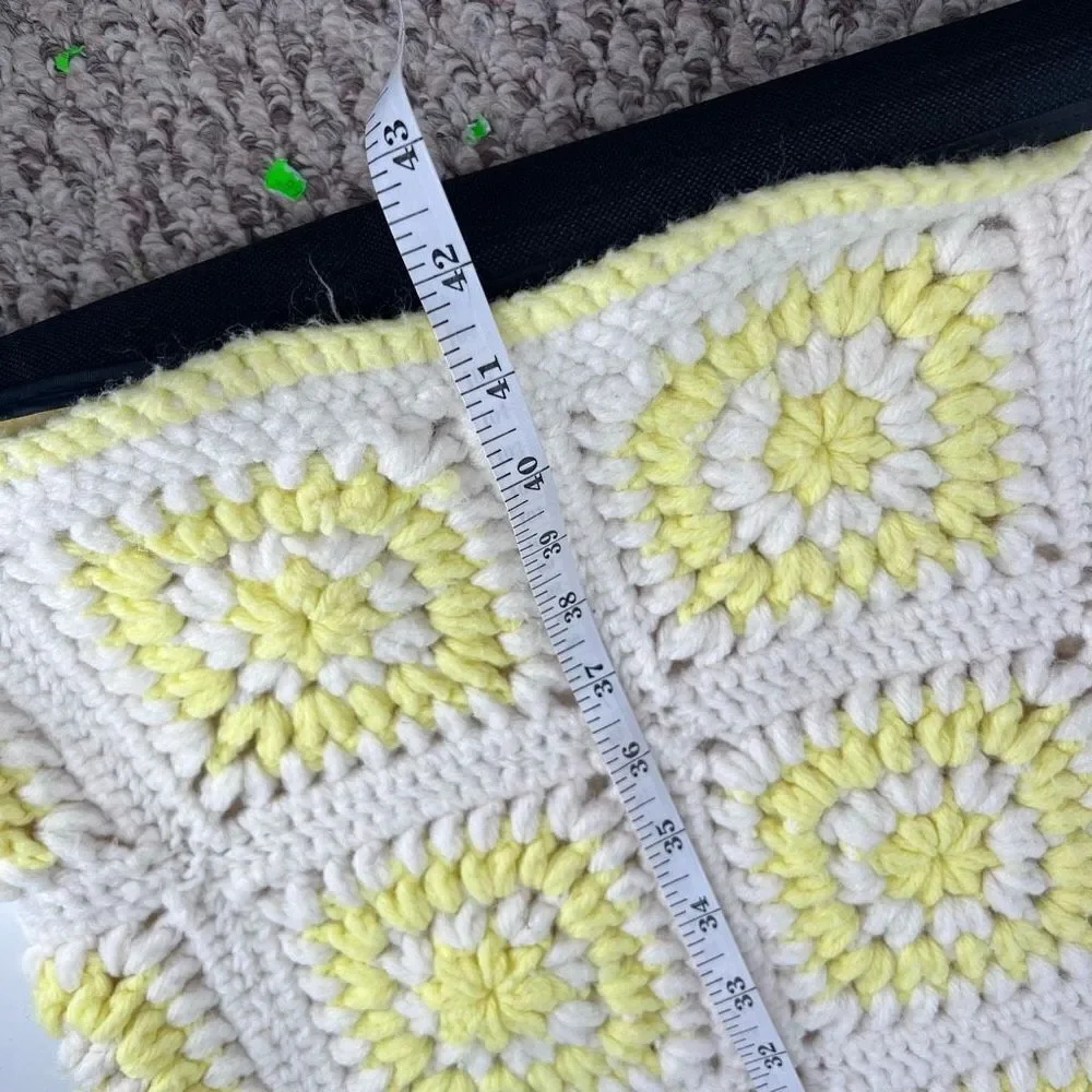 Vintage Handmade Large Afghan Blanket Yellow & White Camp Adirondack rustic 42 x